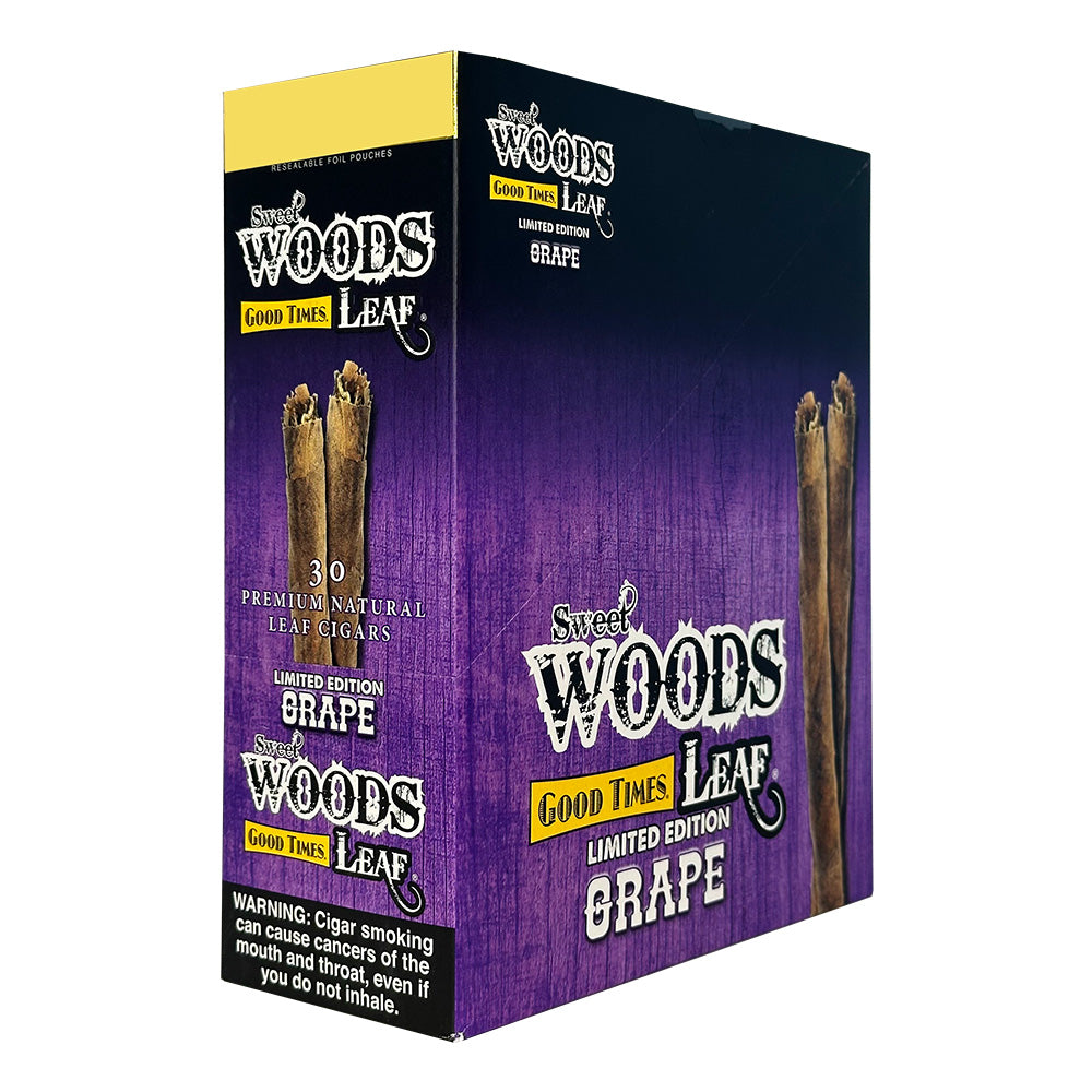 Machine made Sweet Woods Grape Cigars by Good Times, featuring a pack of grape-flavored cigars with colorful packaging.
