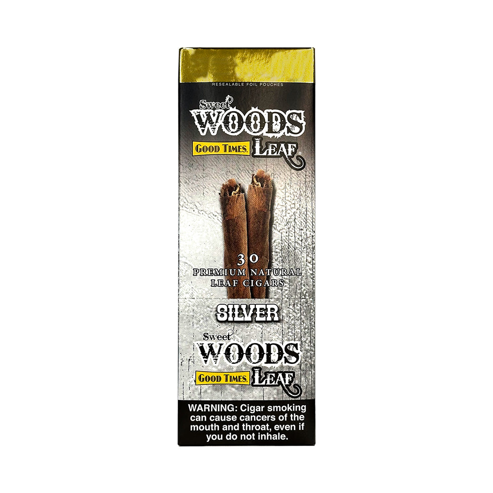 Machine-made Sweet Woods Silver Cigars by Good Times, featuring silver packaging and a close-up of the cigars in a box.