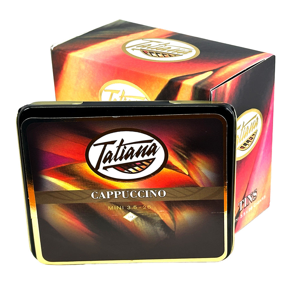 Tatiana Mini Cappuccino Cigarillos, premium cigars in a pack, showcasing the small, flavorful cigars with rich brown wrappers.