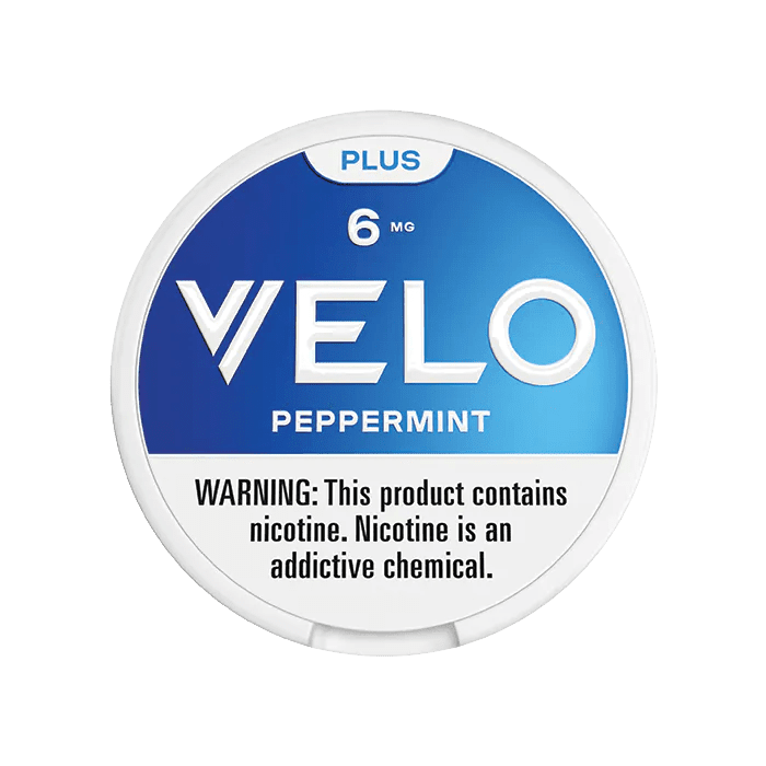 Velo Plus Peppermint nicotine pouches in a sleek package, designed for smokeless use with a refreshing peppermint flavor.