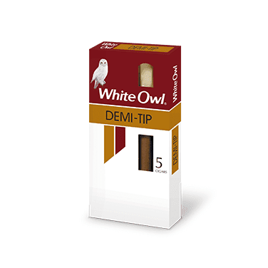 Machine-made White Owl Demi Tip Cigars in white packaging, featuring the White Owl brand logo and classic design.
