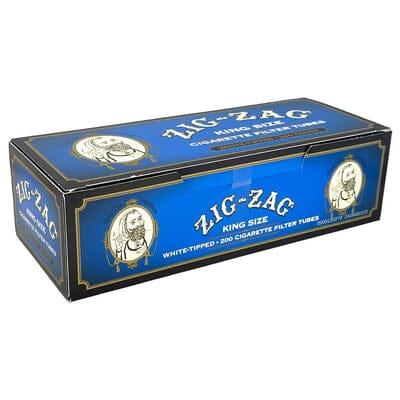 Blue Zig Zag White Cigarette Tubes for RYO supplies, showing neatly packed cigarette tubes by Zig Zag.
