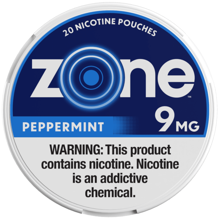 Zone Nicotine Pouches Peppermint smokeless pouch with mint flavor, 9mg nicotine, front view showing the packaging.