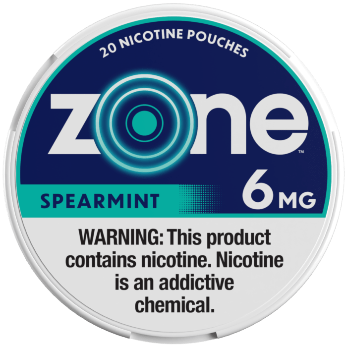 Zone Nicotine Pouches Spearmint smokeless pouch with fresh mint flavor and 6mg nicotine, displayed front view in the image.