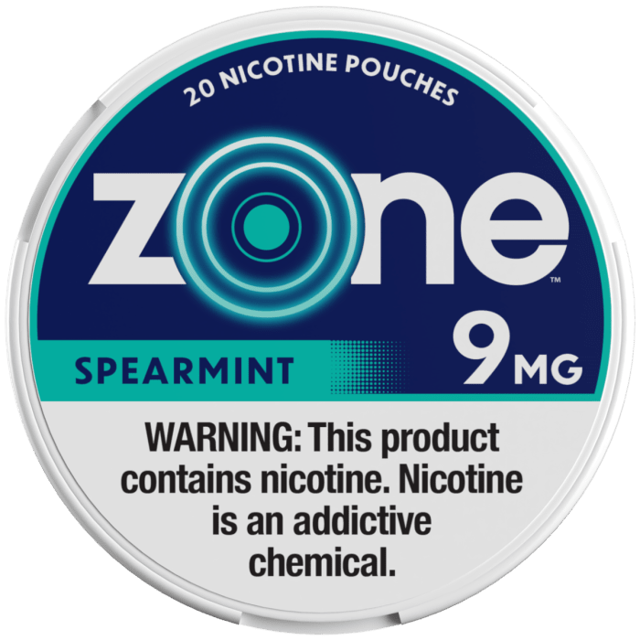Zone Nicotine Pouches Spearmint flavor in smokeless form, showing the sleek pouch design with spearmint scent and 9mg nicotine.