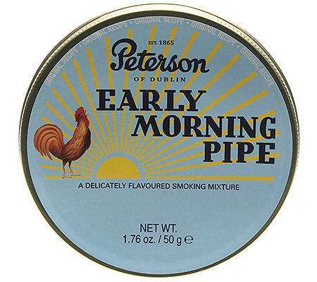 Peterson Early Morning Pipe Tobacco in a tin, showcasing the product's packaging and branding for pipe tobacco enthusiasts.