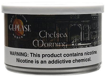 G.L. Pease Chelsea Morning premium pipe tobacco in a resealable bag, showcasing the tobacco blend and packaging.