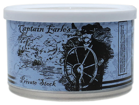 Captain Earle's Private Stock pipe tobacco in a glass jar, showcasing the rich, dark loose tobacco suitable for pipe smoking.