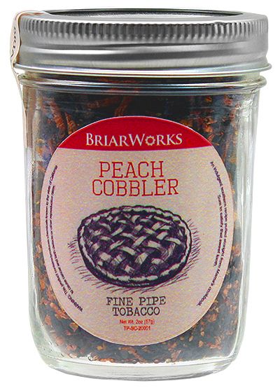 Briarworks Peach Cobbler pipe tobacco in a resealable pouch, showcasing the flavorful blend with peach and dessert-inspired notes.