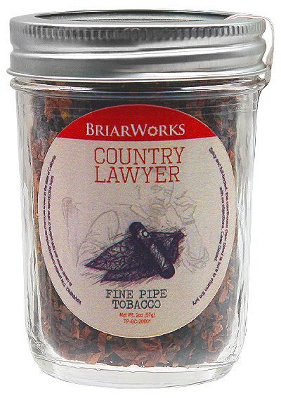 Briarworks Country Lawyer pipe tobacco in a resealable bag, showcasing the tobacco blend and packaging details.