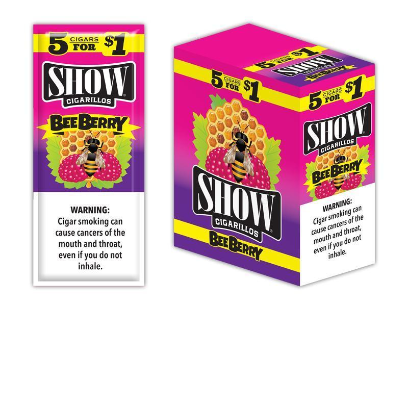 Machine-made Show Bee Berry cigarillos in a pack, featuring colorful packaging and the Show brand logo.