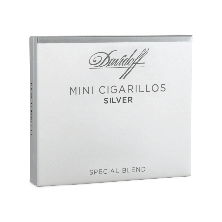 Davidoff Mini Cigarillos Silver, premium cigars in silver packaging, displayed with close-up of the individual cigarillos.