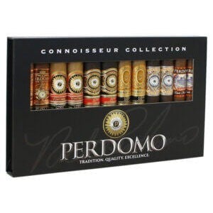 Perdomo Connoisseur Collection premium cigars sampler featuring a variety of award-winning cigars, displayed in a sleek presentation.