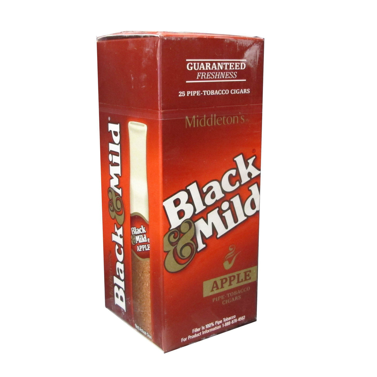 Black & Mild Apple Cigars in a display box, machine-made cigars with black and red packaging and the Black & Mild branding.