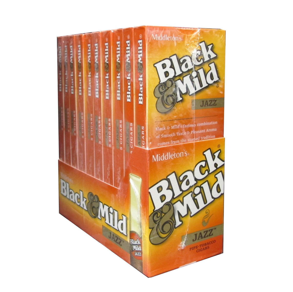 Black & Mild Jazz Cigars, machine-made, with black and brown wrapper, displayed in a box with multiple cigars.