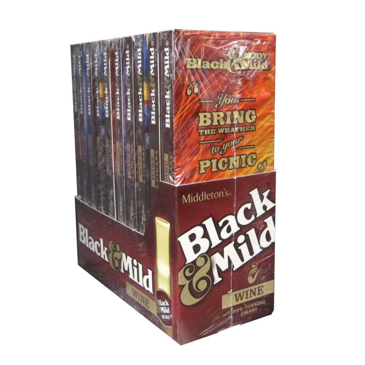Machine-made Black & Mild Wine Cigars in black packaging, showcasing the cigar wrapper and branding.