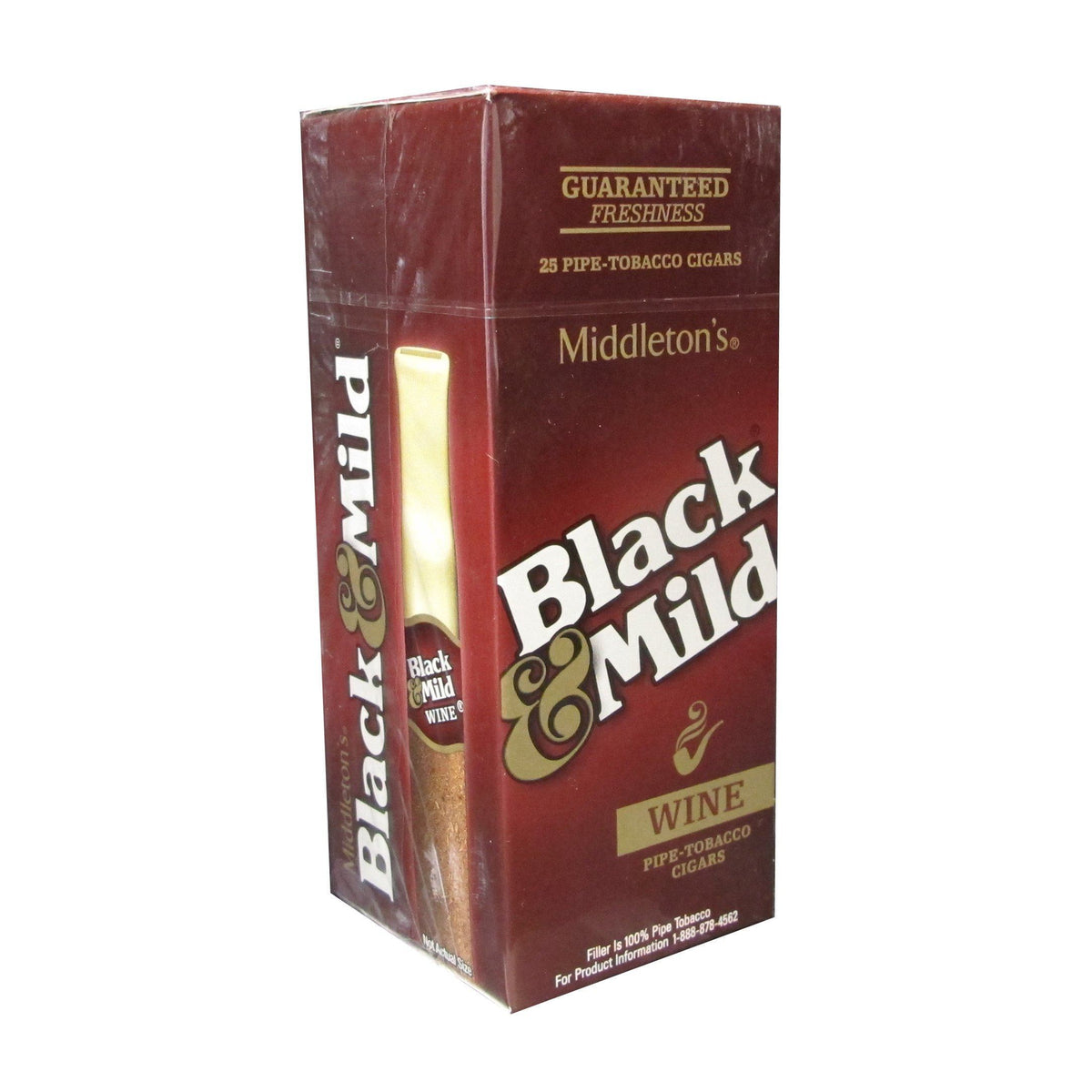 Black & Mild Wine Cigars, machine-made, upright display of 25 cigars with black and wine-colored packaging.