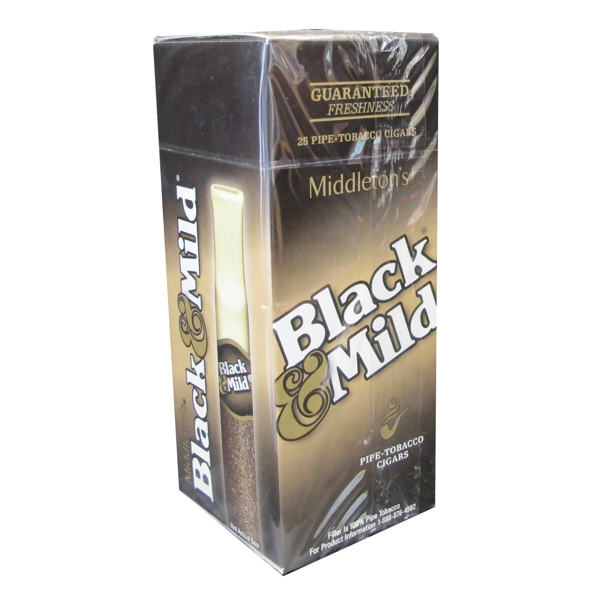Box of Black & Mild regular machine-made cigars with black and brown wrappers, arranged upright inside a box.
