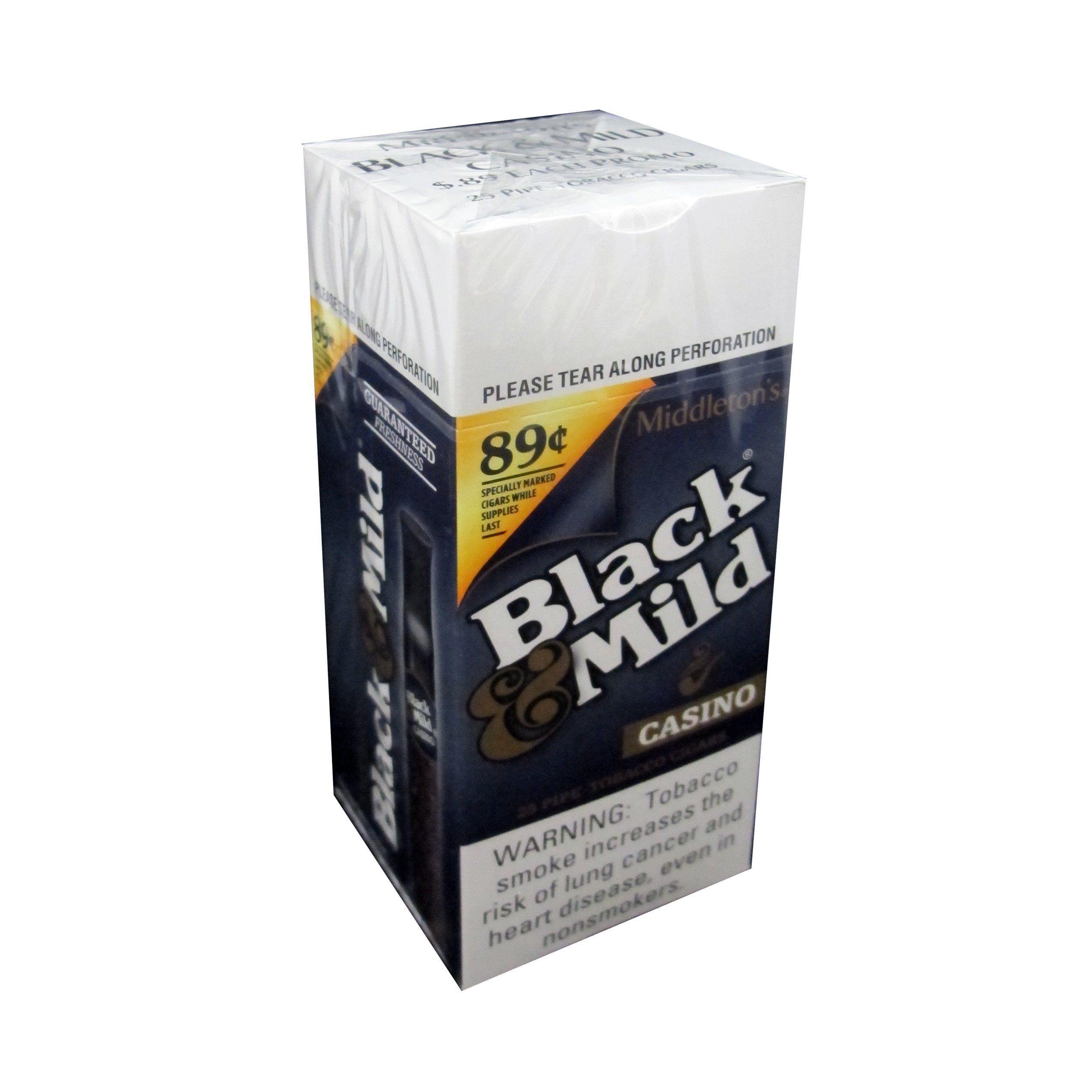 Black & Mild Casino cigars, machine-made black and mild cigars with a dark wrapper and branded band, on a neutral background.