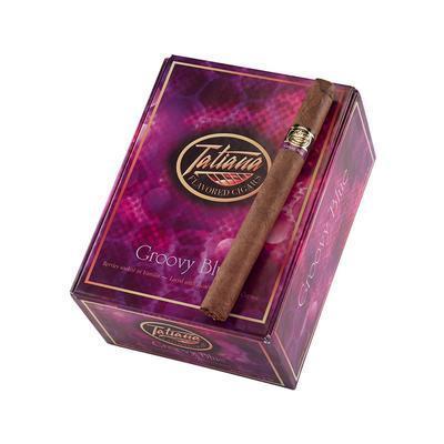 Tatiana Classic Groovy Blue flavored premium cigars in a box, featuring dark brown cigar wrappers and colorful band branding.