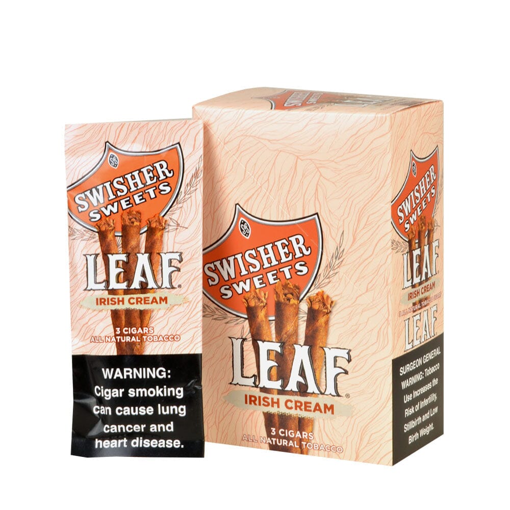 Machine-made Swisher Sweets Leaf cigar in Irish Cream flavor, featuring the distinctive leaf wrapping and branding.