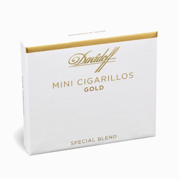 Davidoff small premium cigars with gold packaging, featuring tightly rolled tobacco cigars in a close-up shot.