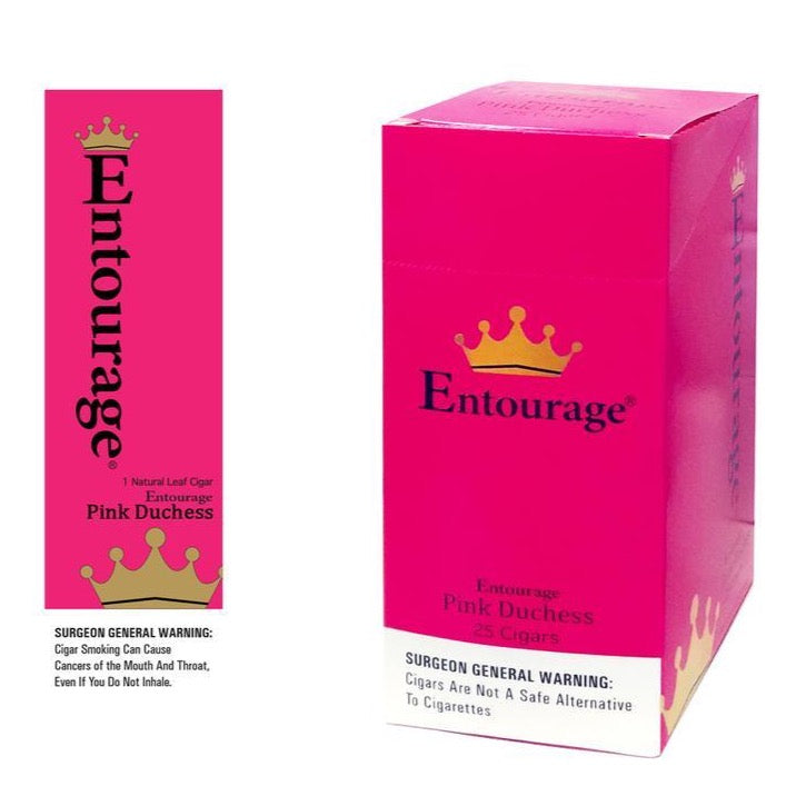 Machine-made Entourage Pink Duchess Cigars in a pack, showcasing pink and gold packaging with several cigars visible.