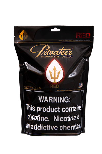 Privateer Full Flavor Pipe Tobacco in 1lb bag, rich red blend with tobacco leaves and pipe tobacco packaging.