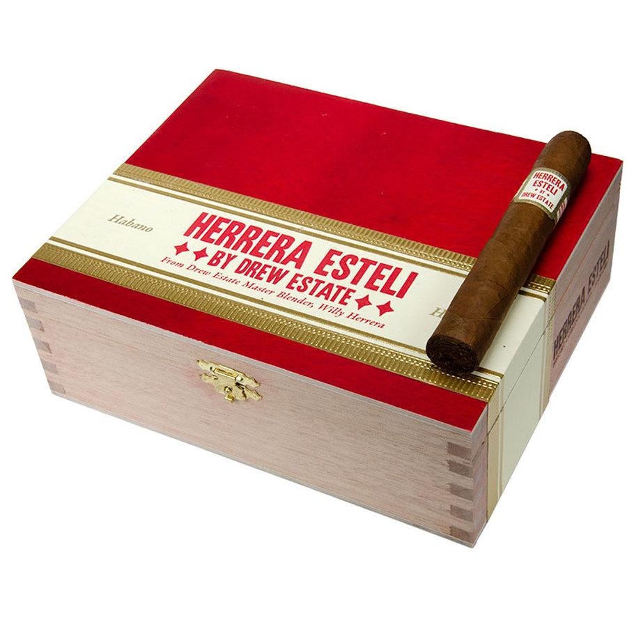Herrera Esteli Habano premium cigar displayed on a wooden surface with a band featuring the Herrera Esteli logo.