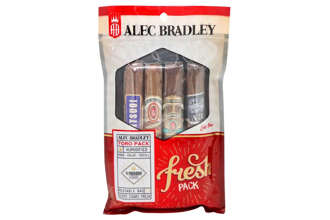 Alec Bradley Fresh Pack Toro sampler featuring a variety of premium cigars displayed in a box.