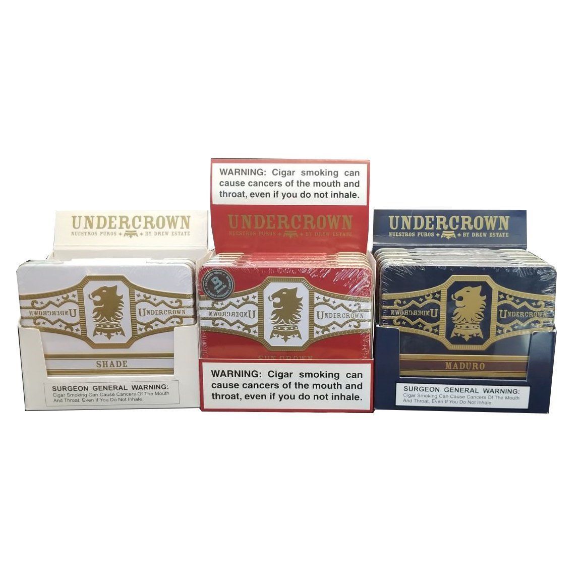 Assorted Undercrown Premium Cigars in tins, featuring Liga Undercrown branding and various cigar varieties in metal tins.