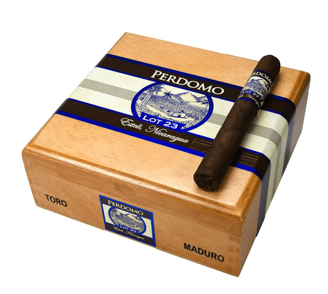 Close-up of a Perdomo Lot 23 Maduro premium cigar box with cigars inside, showcasing the brand and packaging details.