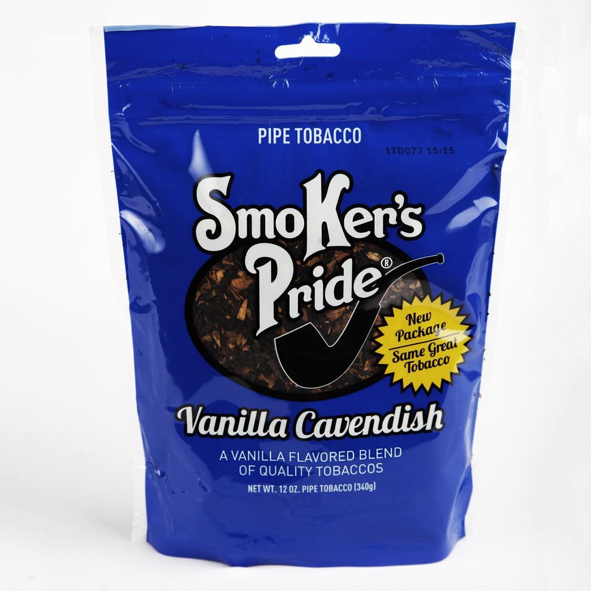Pipe tobacco from Smoker's Pride, Vanilla Cavendish flavor, with a rich, smooth appearance in the tobacco pouch.