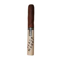 Alec Bradley Black Market Toro premium cigar resting on a wooden table, showcasing its dark wrapper and band.
