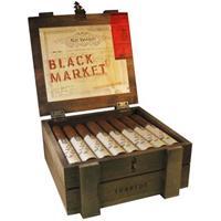 Alec Bradley Black Market torpedo premium cigar with dark wrapper and detailed band, resting on a wooden surface.