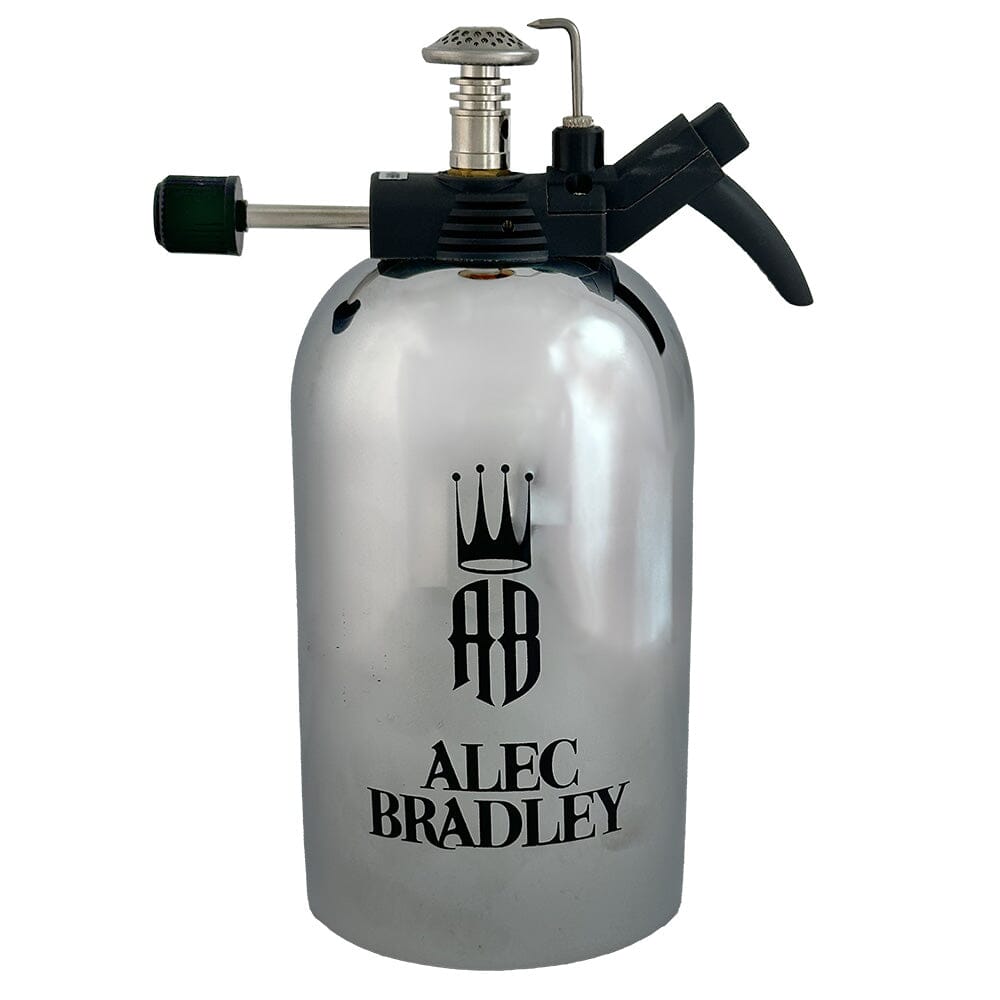 Alec Bradley Mega Table Top Burner Lighter, a sleek black accessory with a large ignition flame for lighting cigars or other uses.