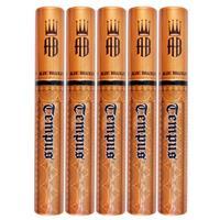 Five Alec Bradley Tempus premium cigars in a sealed tubos, showcasing dark, oily wrappers and detailed band designs.