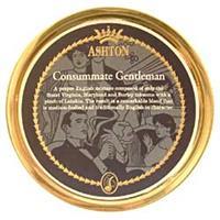 A 50g tin of Ashton Consummate Gentlemen Pipe Tobacco with a vintage-style label and tobacco inside the open tin.
