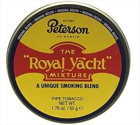 Peterson Royal Yacht pipe tobacco in a tin, featuring rich, aromatic tobacco leaves for pipe smoking enjoyment.