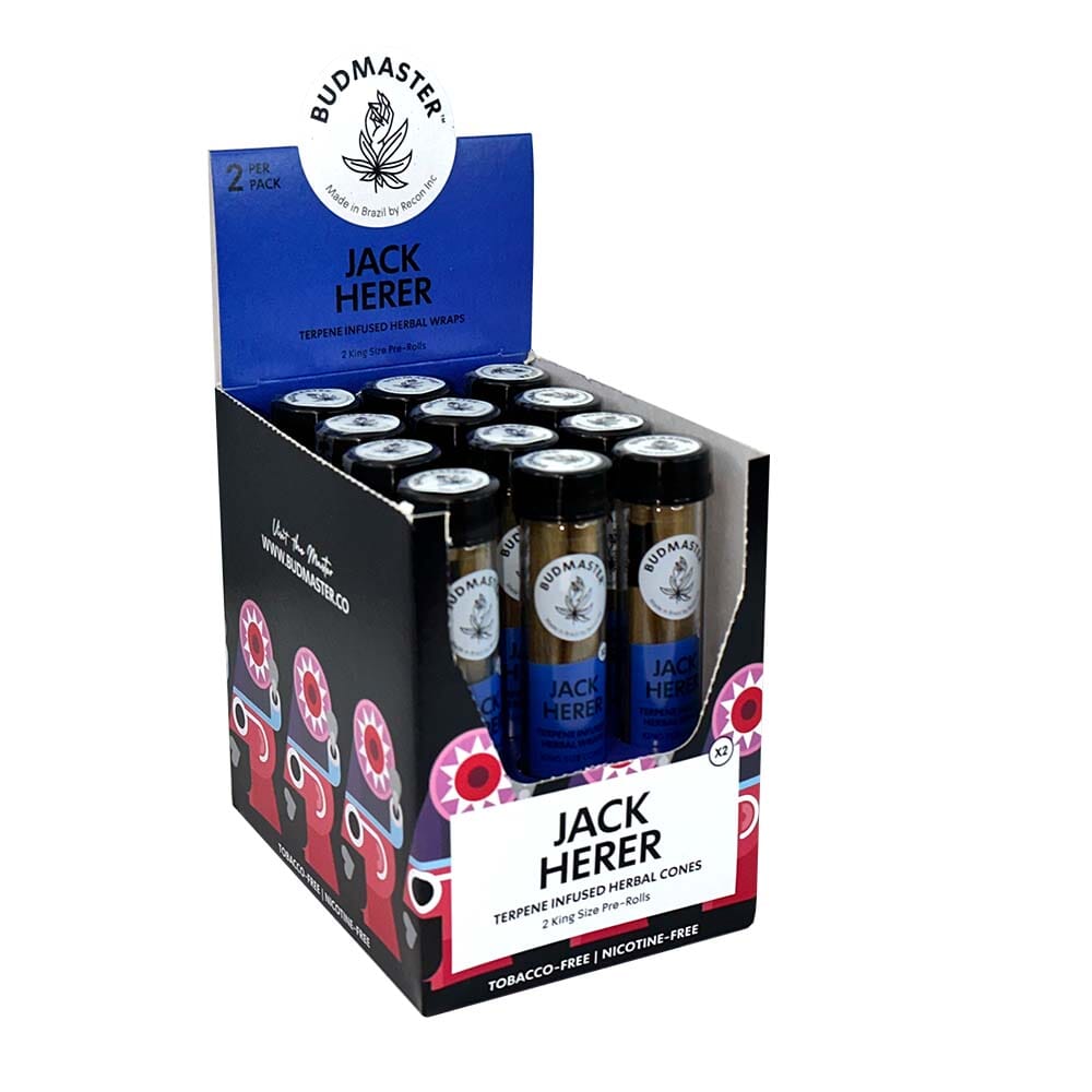 Budmaster Cones Jack Herer cigar cones with premium cannabis blend, packed in a clear, cylindrical container.