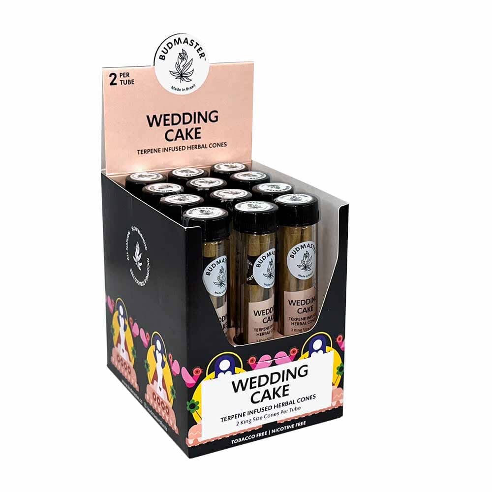 Budmaster Cones Wedding Cake cigar cones featuring detailed packaging and the wedding cake flavor design.