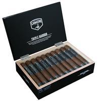 Box of Camacho Triple Maduro premium cigars, 6x60 size, featuring dark, oily wrappers and 20 cigars inside the box.