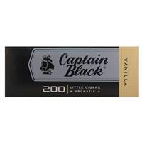 Captain Black Vanilla Little Cigars in a carton, featuring tightly packed small cigars with vanilla flavor branding on the packaging.