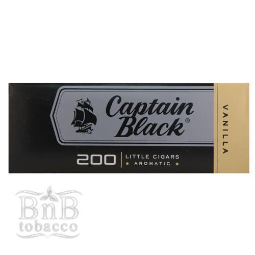 Captain Black Vanilla Little Cigars carton with 200 cigars, featuring colorful packaging and branding on the box.