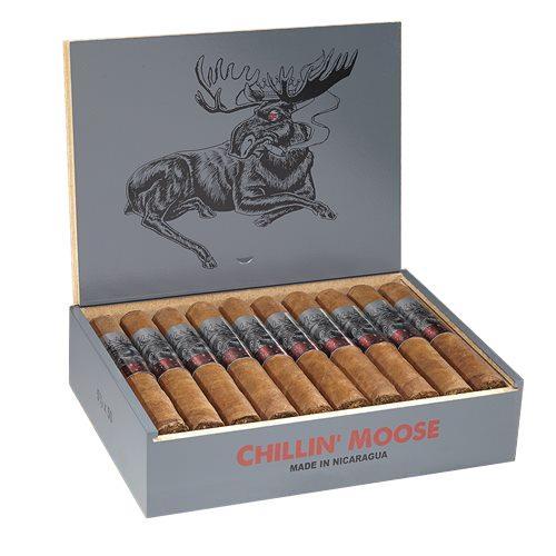 Box of Chillin' Moose Premium Cigars featuring the Chillin Moose brand logo and packaging design.
