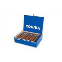 Cohiba Blue Toro premium cigars in a 20-count box, showcasing the elegant packaging and rich cigar design.
