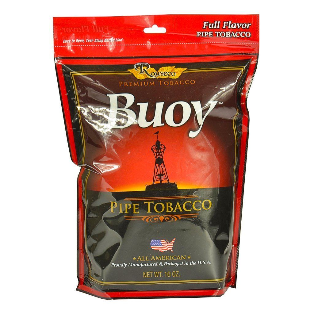 Buoy Red Full Flavor Pipe Tobacco in a resealable pouch, showcasing the vibrant packaging and tobacco inside.