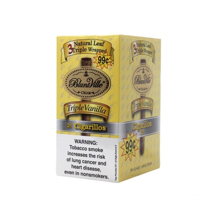 Machine-made Bluntville Vanilla Triple Wrapped Cigars with smooth, vanilla-flavored wrappers displayed in the image.