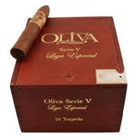 Oliva Serie V premium cigars in a torpedo shape, displayed in a 24-count box with dark, oily wrappers.