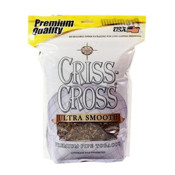 Criss Cross Silver Pipe Tobacco in a resealable pouch showing the textured silver packaging and pipe tobacco blend inside.